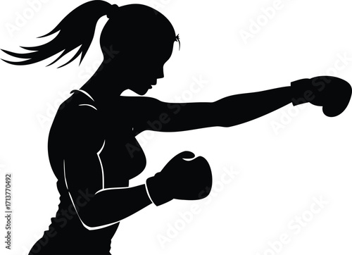 Black Silhouette of a Woman Boxer Throwing Punches with Boxing Gloves, White Background