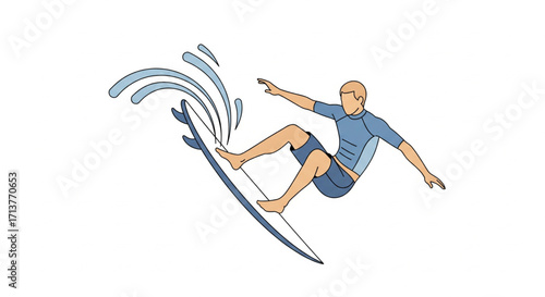 A stylized illustration of a surfer riding a wave in mid-air.