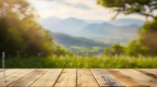 Scenic Nature Background with Wooden Table in Soft Focus Landscape