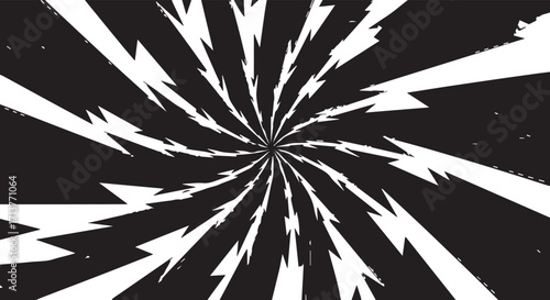 Abstract monochrome illustration of a radial electric energy burst. A swirling tunnel of lightning bolts creating a dynamic and powerful graphic design element