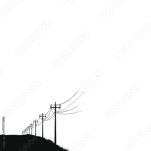 Black silhouette of telephone poles and wires against white sky