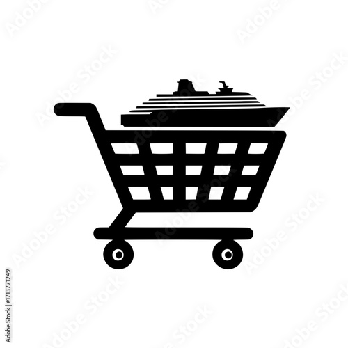 Vector icon of shopping cart with small cruise ship symbol for travel and retail concept