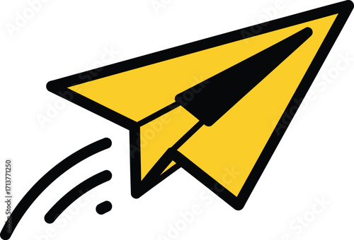 Yellow paper airplane flying with motion trails