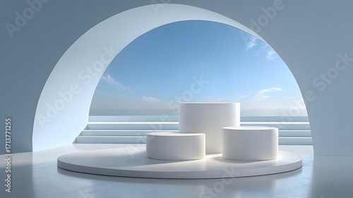 Modern Minimalist Display With White Pedestals and Ocean Views