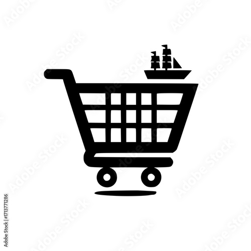 Cruise liner in a shopping trolley shown as a flat vector symbol of travel and commerce