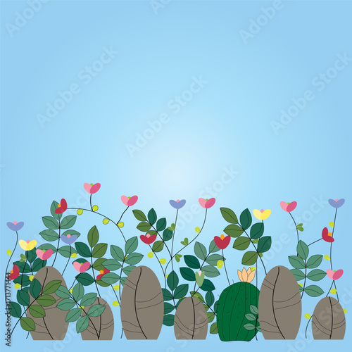 Abstract illustration of colorful leaves and flowers on light blue background.