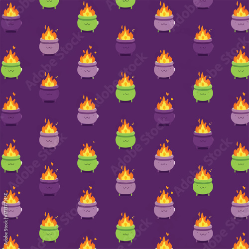 Halloween seamless pattern with cute cauldrons and flickering flames in festive shades of purple and green