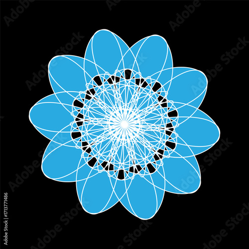 White and blue openwork floral pattern on black background