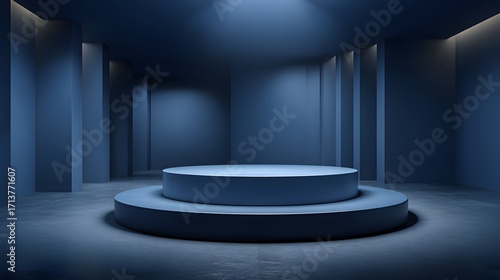 Modern Stage with Circular Platform and Blue Ambient Lighting
