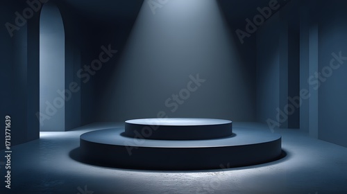 Minimalist Stage Design with Dramatic Lighting in Dark Space