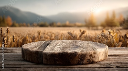 Rustic Wooden Platform with Scenic Mountain Background at Sunset