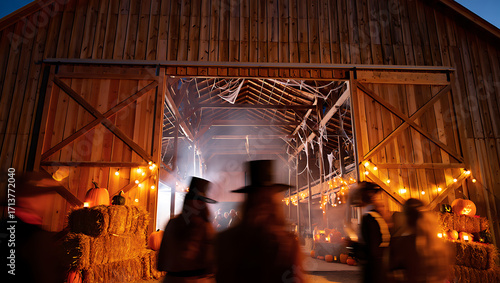 Silhouetted figures in top hats gather outside a rustic wooden barn adorned with warm string lights creating a mysterious and inviting atmosphere for an evening event