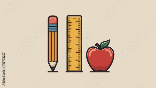 Stylized School Supplies Illustration Featuring Pencil Ruler and Apple Perfect for Education and Learning Concepts