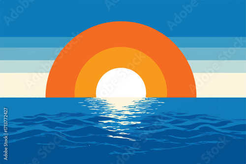 Stylized sunset ocean scene with vibrant colors and layered sky a vector illustration for serenity and travel