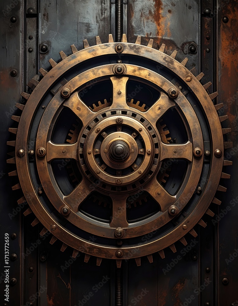 Fototapeta premium Intricate steampunk gear design on a dark background.