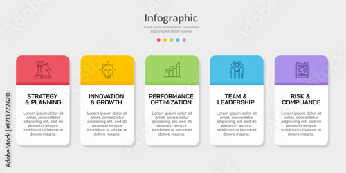 Creative Colorful Element 5 Steps Horizontal Business Process Infographic for Management Presentation. Marketing, Plan and Strategy. Illustration Vector.