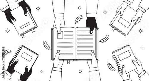 Diverse hands come together to explore books, illustrating the universal pursuit of knowledge, shared learning, and cultural exchange through reading and education