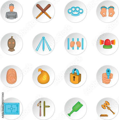 Crime icons set in cartoon style