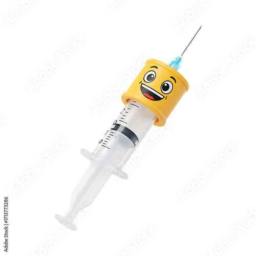 Child healthcare syringe with cartoon safety cover isolated on transparent background