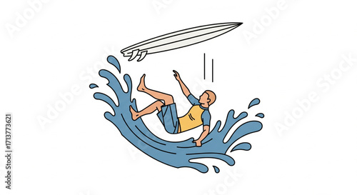 Surfer wiped out by a wave, losing his board, falling into the ocean's spray.
