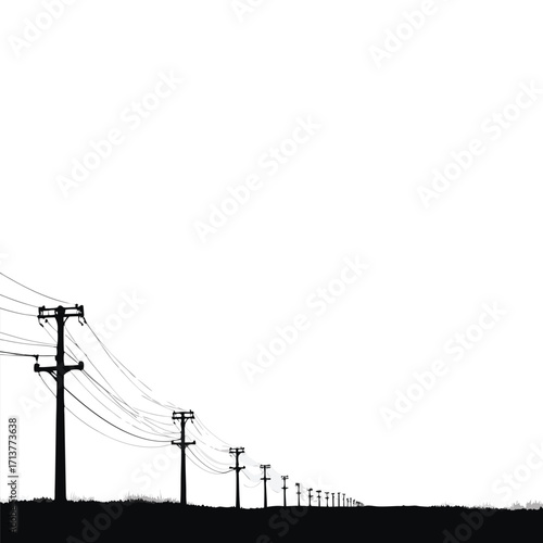 Black silhouette of telephone poles and wires stretching into distance
