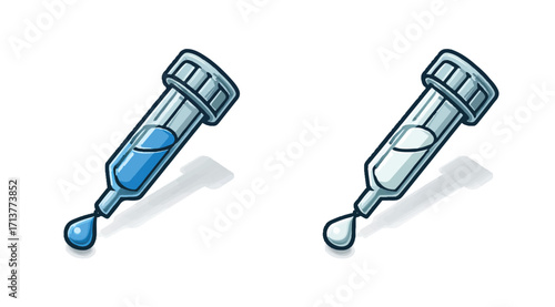 Two Cartoon Droppers with Liquid one blue and the other transparent against White Backdrop