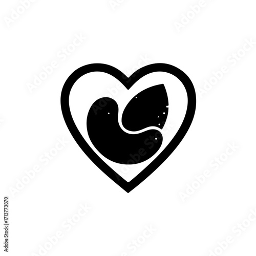 A simple black white icon combining a legume or nut with a heart symbol. This design visually represents the significant heart health benefits of pulses, making it a perfect tribute to World Pulse day