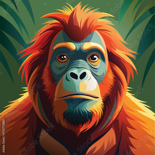 A colorful illustration of a red orangutan in a jungle setting.