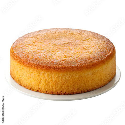Unfrosted Round Sponge Cake on White Plate Isolated on Black baked