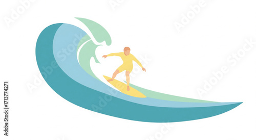 A surfer rides a stylized blue and green wave on a yellow surfboard.