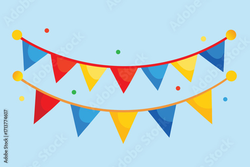 Festive Garland Cartoon Bunting Banner with Red, Yellow, and Blue Pennants for Celebrations