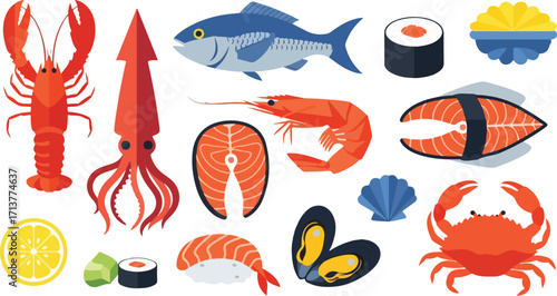 Set of colorful seafood flat design illustrations featuring lobster, squid, salmon, and sushi. Isolated vector elements for culinary and gastronomy concepts