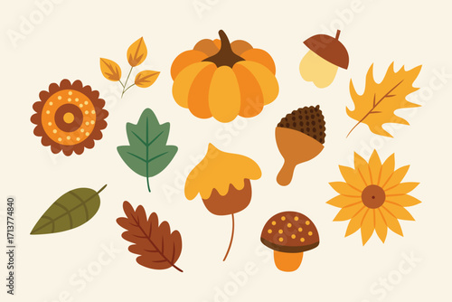 Flat Design Autumn Harvest Elements Including Pumpkin, Acorns, Leaves, and Sunflowers on Beige