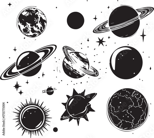 Celestial Symphony: A monochrome artistic rendering of our solar system, where celestial bodies and interstellar elements dance in harmony.