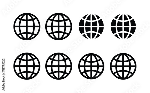 Collection of Black Globe Icons on White Background