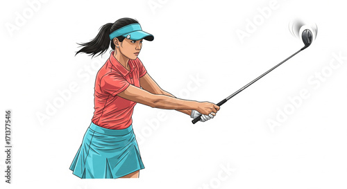 A woman in sportswear swings a golf club with speed and precision, ready to hit the ball.