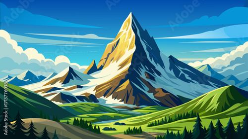 Matterhorn mountain, iconic pyramid-shaped peak of the Alps, covered in snow, surrounded by alpine meadows and clear blue sky, symbol of Switzerland
