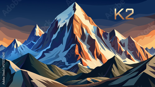 K2 mountain, the second-highest peak in the world, steep and rugged with snow-capped ridges, harsh glaciers, and dramatic sky, representing challenge and majesty