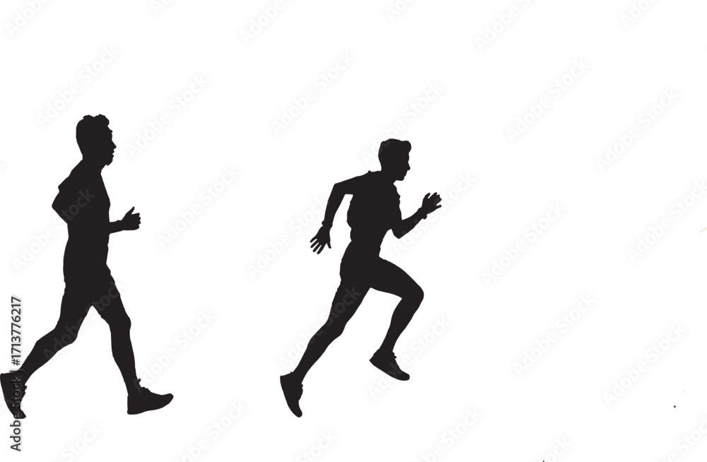 Fototapeta premium Silhouette of two men running side-by-side, capturing the essence of athletic motion and competitive spirit