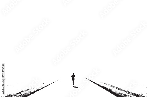 A lone figure walks down a desolate road under a bright sky, evoking feelings of isolation and introspection