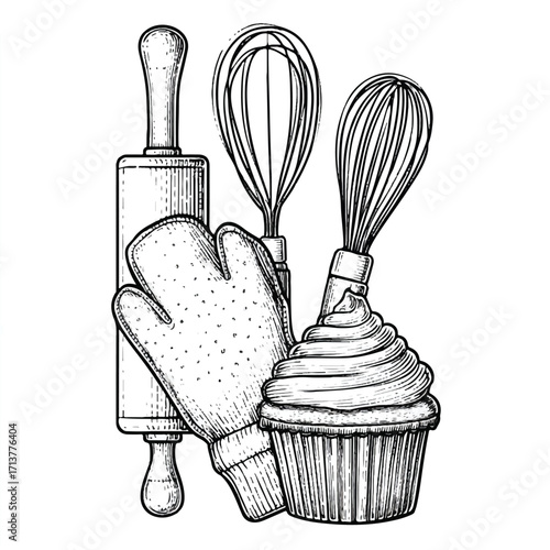 Vintage baking illustration with cupcake whisk oven mitt and rolling pin kitchenware hand drawn sketch design