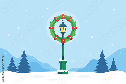 Snowing Winter Holiday Decorated Street Lamp with Wreath and Evergreen Trees
