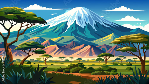 Mount Kilimanjaro, Africa’s tallest mountain, iconic snow peak rising above green savannah and clouds, with glaciers on top and lush forests below