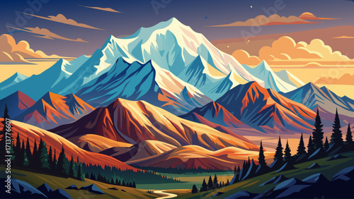 Denali mountain in Alaska, North America’s highest peak, massive snow-covered summit rising above tundra landscape and wilderness