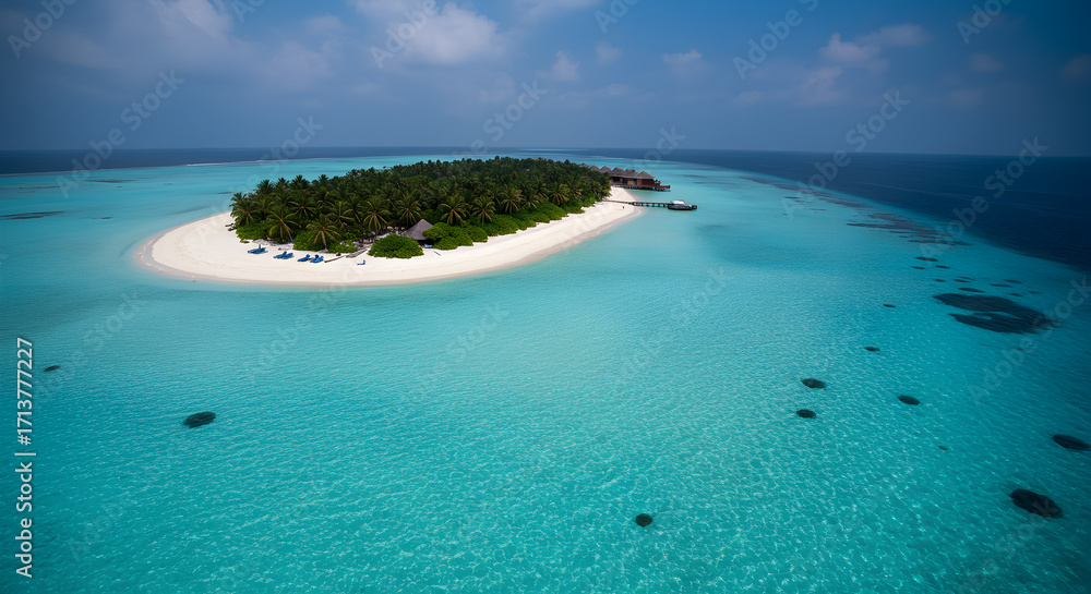 Obraz premium Aerial View of Tropical Island with Turquoise Water and Palm Trees in Maldives