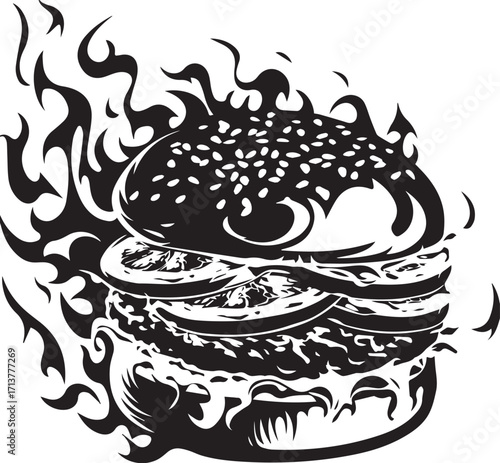 Flaming Burger: A sizzling burger, aflame with passion, illustrated in striking black and white