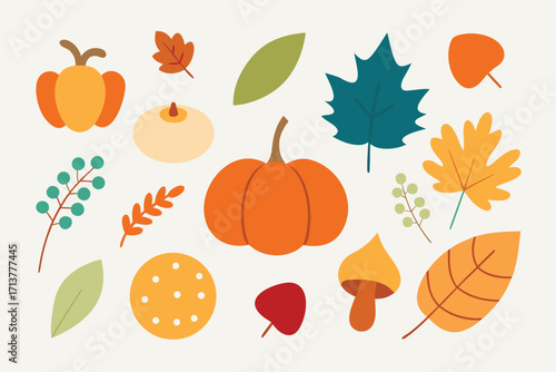 Whimsical Fall Flat Lay Pumpkins, Leaves, Berries, and Mushroom on Cream Background
