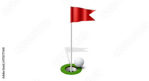 Golf hole with red flag and white ball ready for a putt.