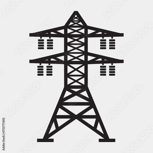 Minimalist black and white electricity pylon icon isolated on white background