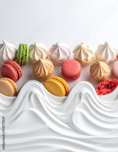 Colorful Macarons and Meringues on a White Surface with Whipped Cream.